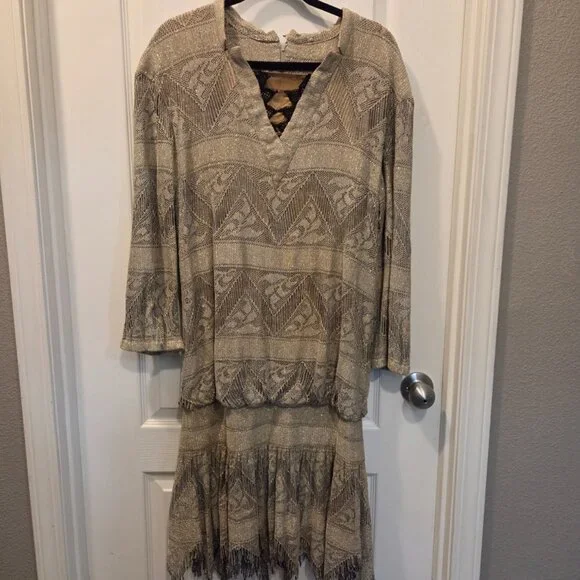 Vintage Damianou Gold Metallic Knit Drop-Waist Dress - S - Picture 9 of 12